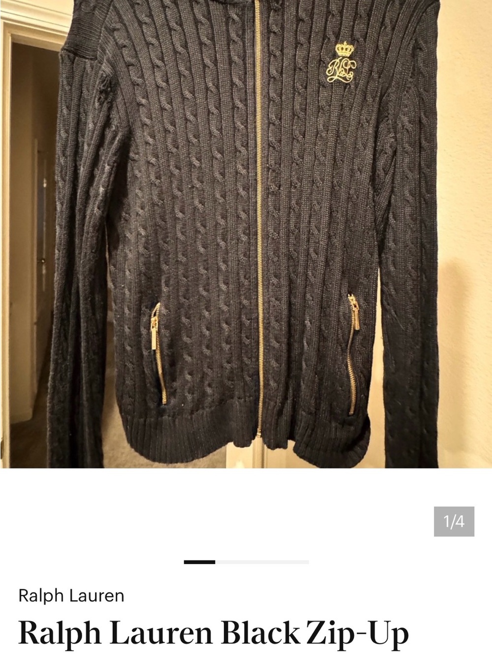 Ralph Lauren Black Cable-Knit Zip Sweater with Gold Accents